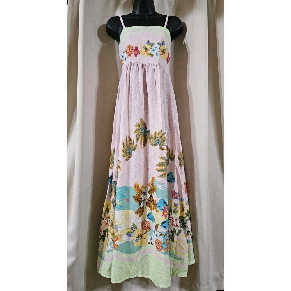 Le Ragazze‎ Linen Cotton Smocked Back Spaghetti Strap Midi Dress Small Tropical